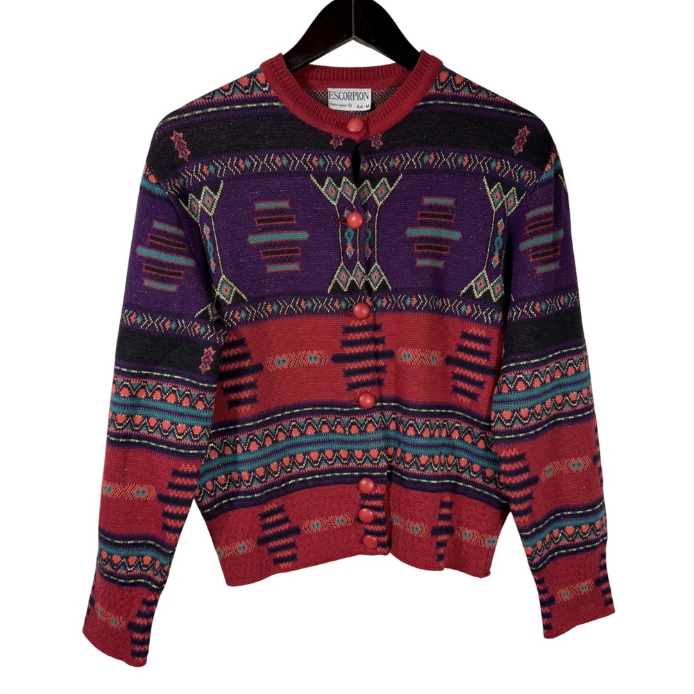 Escorpion Vintage Wool Blend Southwestern Geometric Cardigan Red Purple Medium